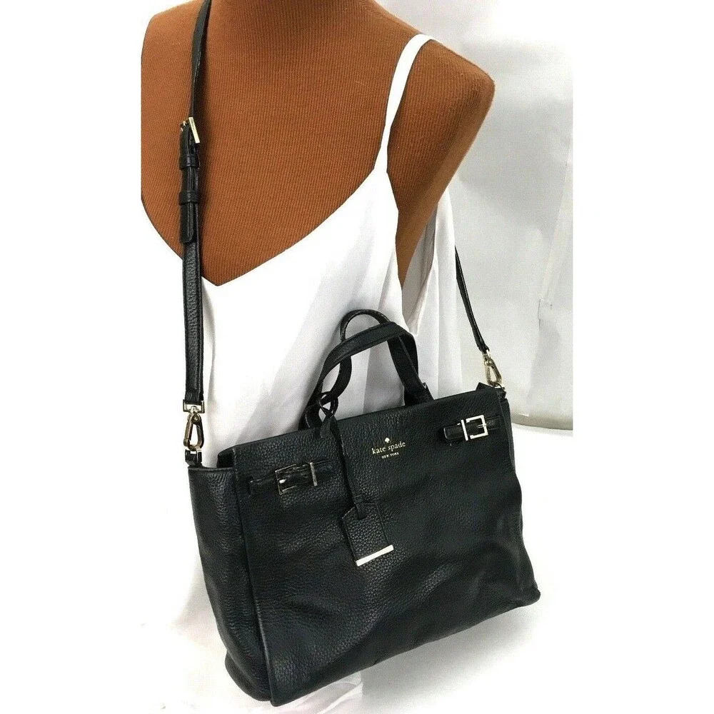 Kate Spade Handbag Black Pebbled Cow Leather Removable Strap Satchel Bag Purse